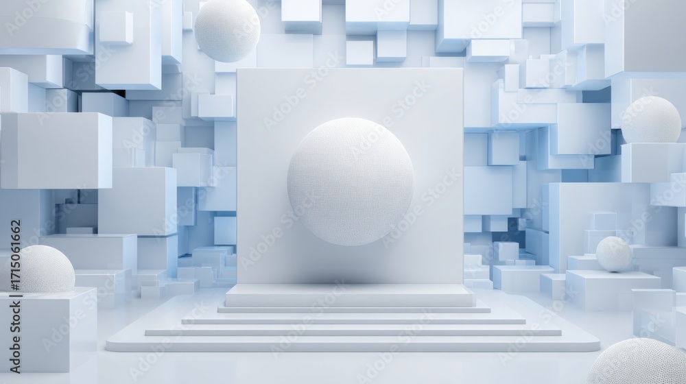 Poster geometric shapes in varying sizes and dimensions create a minimalist environment, with a prominent s