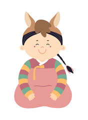 Cute girl in Korean clothes hanbok in horse hat character isolated. Hand drawn cartoon vector illustration. Flat design. Seollal holiday card, poster, banner element