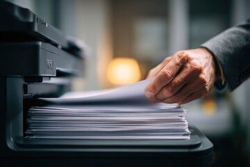 Hand sorting a stack of documents at an office printer during a busy work day in a modern workspace