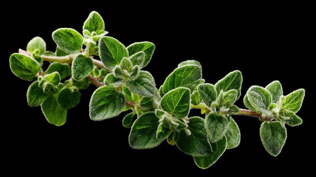 A close-up view of a fresh oregano branch featuring numerous vibrant green leaves, highlighting its texture and color against a solid black background, perfect for culinary use.