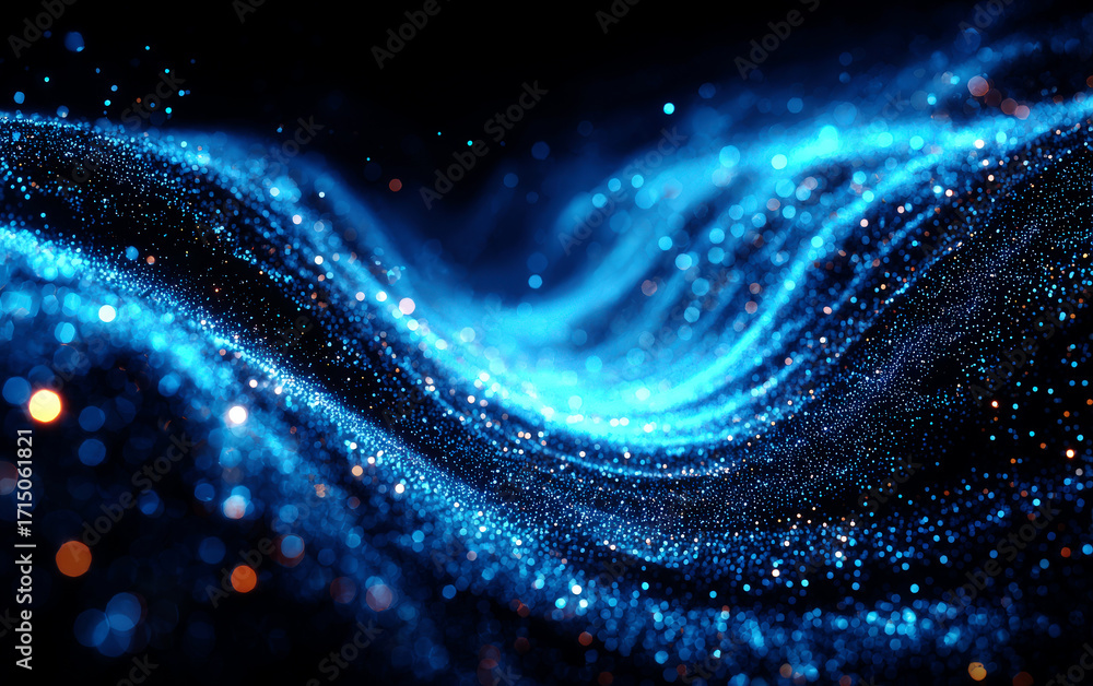 Poster abstract blue glowing particles forming wavy patterns in dark background