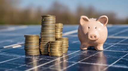 Stacked coins next to a piggy bank sit on solar panels under clear blue skies, symbolizing investment and savings in renewable energy. The scene emphasizes sustainable financial practices.