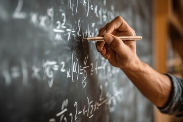 Hands write mathematical equations on a chalkboard in a classroom setting during a learning session