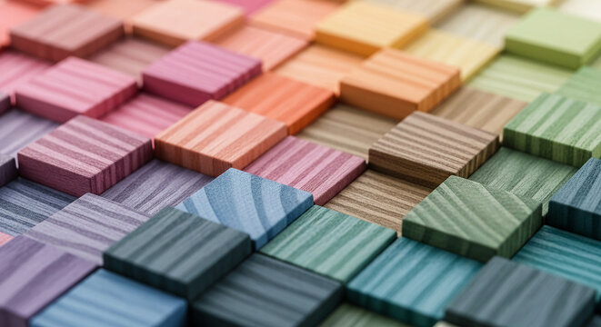 Close-up of multicolored wooden cubes, arranged in a pattern, showcasing various pastel shades and wood grain texture, representing design, creativity, and organization