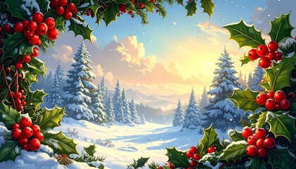 A winter wonderland scene framed by holly berries and leaves, showcasing snow-covered trees and a beautiful sunrise.
