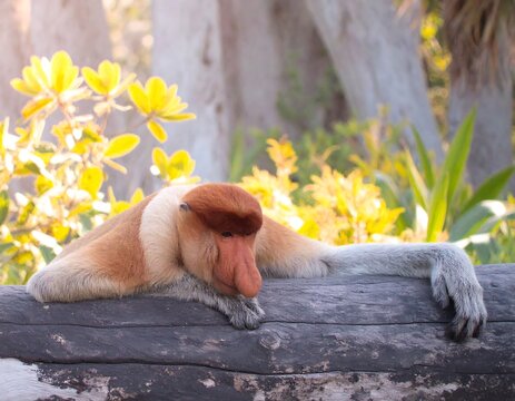 Relaxed proboscis monkey resting on a log