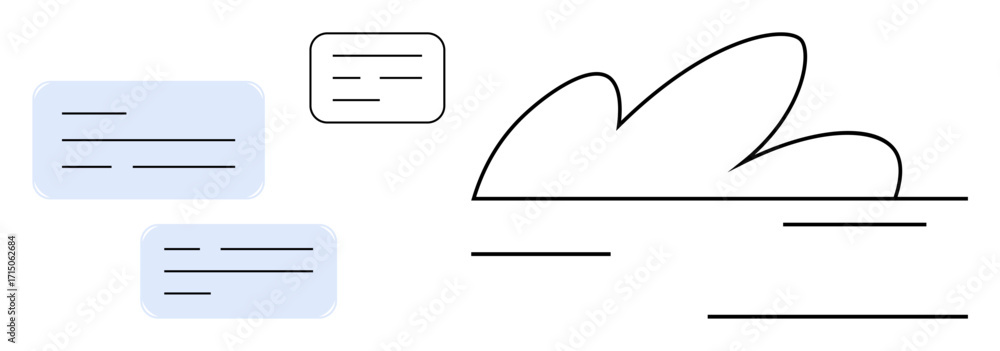 Poster chat bubbles and abstract cloud shape with lines of text highlight online conversations, digital sto