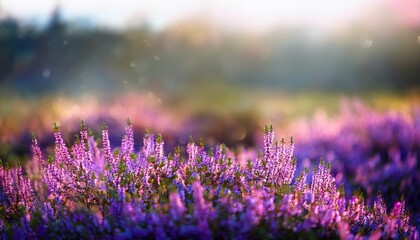 Obraz premium Abstract Summer Nature Scene With Blurred Heather Flowers In Meadow Featuring Copy Space And Beautiful Purple Floral Elements Vivid And Serene