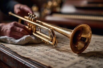 Obraz premium Trumpet resting on sheet music with a musician's hand preparing to play in a warm, inviting room