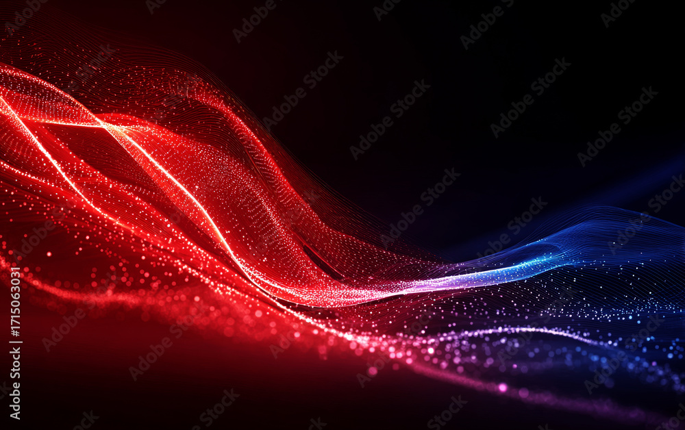 Poster dynamic red and blue light waves forming abstract patterns