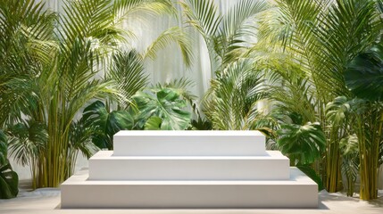 A modern white podium sits gracefully amidst vibrant green plants and tropical foliage, creating an inviting atmosphere ideal for presentations or gatherings in a tranquil environment.