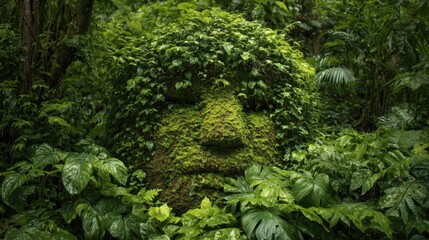 Fototapeta premium A large face sculpture, covered in vibrant green moss and surrounded by dense tropical foliage, creates a striking sight in a remote jungle.