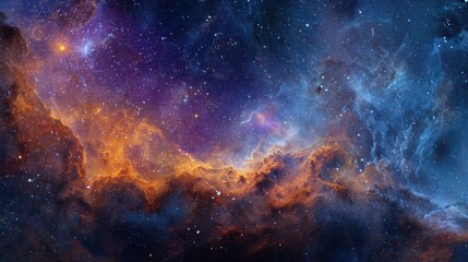 Naklejka premium Vibrant nebulae and countless stars fill the vastness of deep space, showcasing an array of colors. This cosmic panorama illustrates the wonders of the universe at night.
