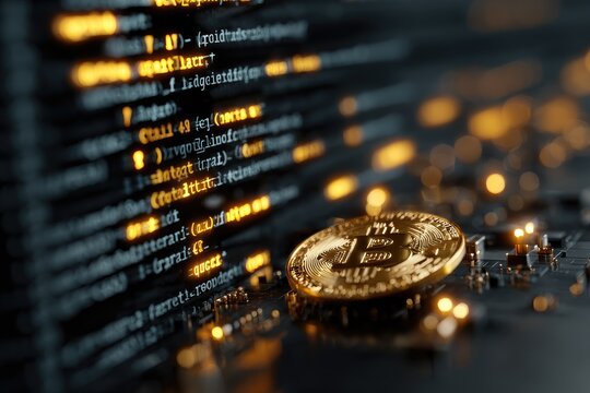 Digital Bitcoin coin resting on a circuit board with glowing code in the background during a technology-themed setting