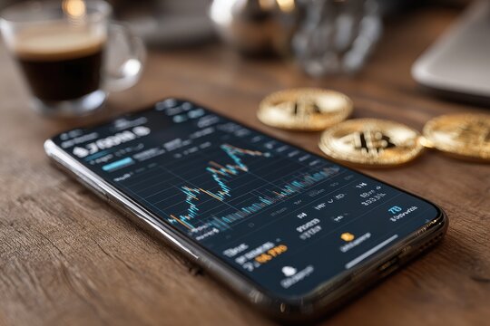 Market trends displayed on smartphone with coffee and cryptocurrency coins on wooden table - Powered by Adobe