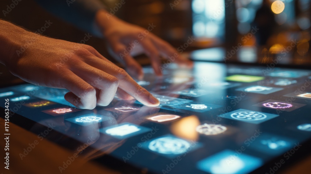 Poster medium shot of hands interacting with a virtual product display on a sleek touchscreen vibrant icons