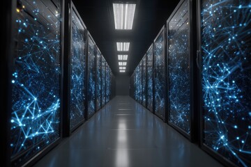 High-tech data center filled with advanced server racks and glowing network connections
