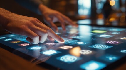 Medium shot of hands interacting with a virtual product display on a sleek touchscreen vibrant icons glowing as the background softly blurs.