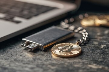 Cryptocurrency wallet and bitcoin coin on a desk next to a laptop in a modern workspace