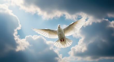 Fototapeta premium Soaring Spirit: A pristine white dove gracefully glides through a heavenly expanse of sunlit clouds, wings outstretched, symbolizing peace and freedom in a timeless moment of serenity.