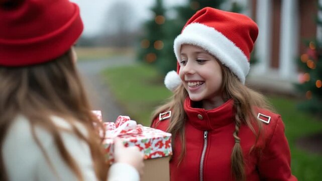 Christmas girls trade presents outdoors
