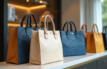Luxury boutique interior displays designer shopping bags in various colors, patterns. Stylish arrangement highlights elegant, upscale retail fashion items. Consumers select chic accessories for life