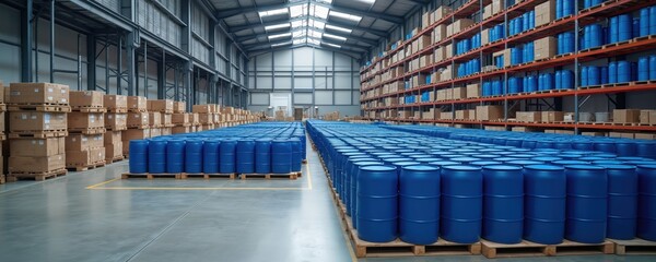 Fototapeta premium Vast industrial warehouse interior features rows of blue barrels on pallets, stacked boxes on multi-tiered racks. Scene represents large-scale storage, inventory management, product distribution in