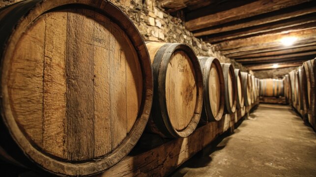 Rows of wooden barrels sit in a dimly lit cellar, revealing the traditional wine aging process. The rustic environment enhances the atmosphere of craft winemaking.