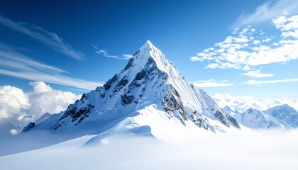 Majestic SnowCapped Mountain Peak, Serene Cloudscape, Winter Wonderland