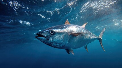 Fototapeta premium A large tuna glides effortlessly beneath the surface of the water, showcasing its sleek body and vibrant colors. Sunlight filters through, illuminating its surroundings in a serene underwater habitat.