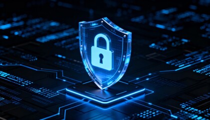 futuristic cyber shield with padlock icon, digital matrix background, glowing blue light, 3D render, cyber security, isometric, ultra-detailed, secure network concept, dark background