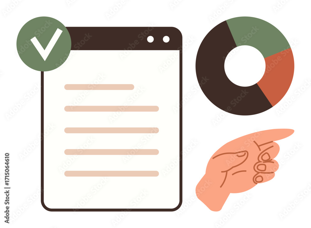 Poster task list in a browser window with a checkmark, segmented circular chart, and pointing hand. ideal f