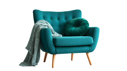 Teal Armchair with Throw Pillow isolated on white background