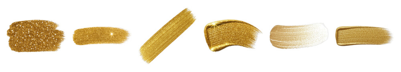 Gold glitter brush strokes set including various shimmering textures, brush marks, and metallic elements isolated. Luxury decorative graphic elements.