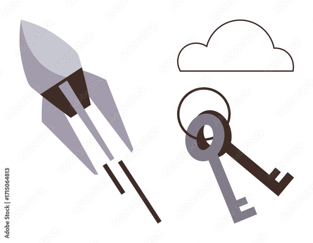 Poster rocket launching with speed trails beside two keys and a cloud outline, symbolizing technology, inno