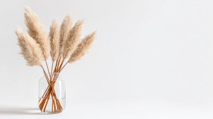Fototapeta premium A stylish arrangement of dried pampas grass stands upright in a clear glass vase filled with water, set against a light neutral background, showcasing natural beauty and elegance.