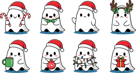 Cartoon Christmas Ghosts in Santa Hats with Holiday Accessories, Cute Festive Spirits Holding Gifts, Candy Canes, Lights, and Decorations