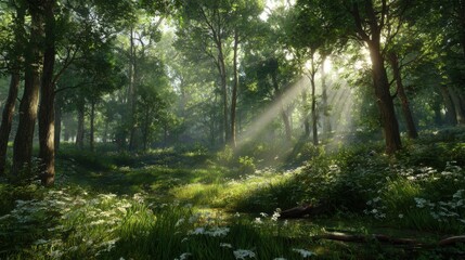Obraz premium Morning sunlight streams down through the trees, illuminating a tranquil forest filled with vibrant greenery and wildflowers, creating a peaceful atmosphere.
