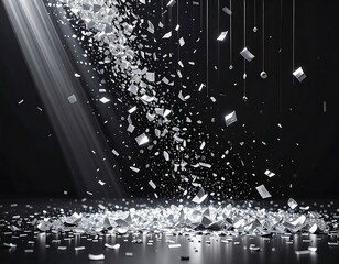 Silver confetti falling on a dark stage