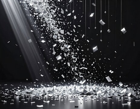Silver confetti falling on a dark stage