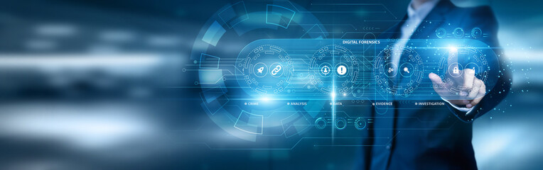 Businessman data analysis for performance and digital forensics, cybercrime investigation, data recovery, network analysis, evidence tracking, cybersecurity monitoring, threat detection