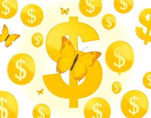 A vibrant design showcasing numerous golden dollar signs and butterflies, conveying a positive and uplifting financial concept.