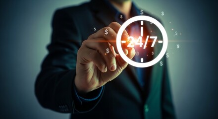 Businessman highlights 24/7 service and financial availability with glowing clock icon