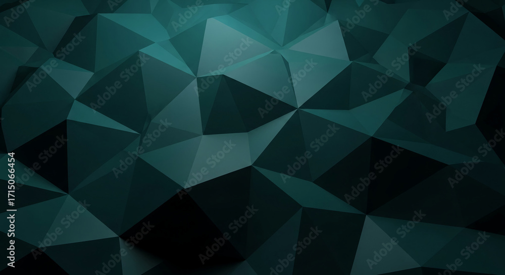 Poster abstract teal low-poly background texture, composed of many dark and light teal triangles, creating 