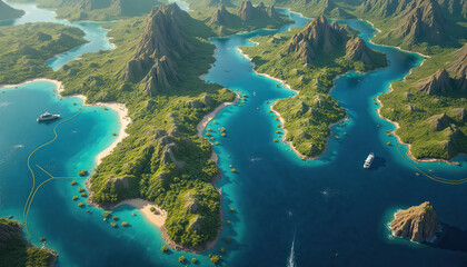 Obraz premium Vast Colombian waterscape, green mountains meet turquoise bays. Aerial view intricate coastline, islands, yachts navigating serene ocean. Ideal for travel, geography, exploration themes.