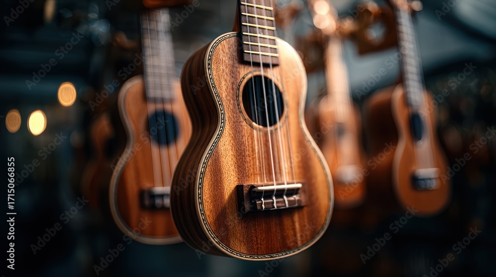 Poster medium shot of a soprano ukulele hanging on a rack finely detailed wood grain in sharp focus while b