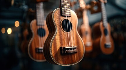 Naklejka premium Medium shot of a soprano ukulele hanging on a rack finely detailed wood grain in sharp focus while background ukuleles softly blur into bokeh.