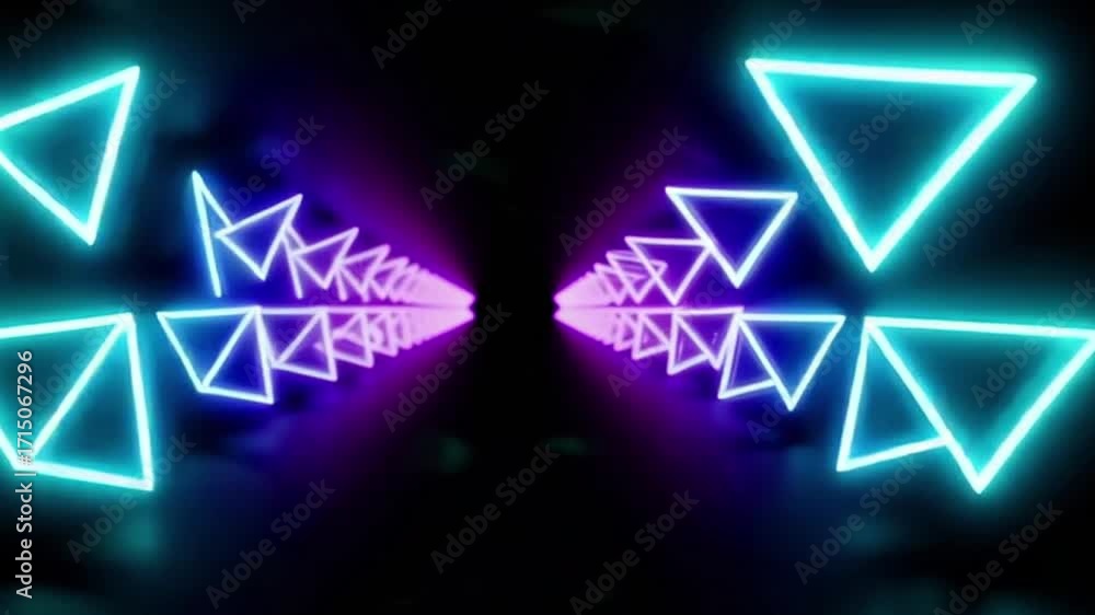 Poster neon triangle tunnel: a mesmerizing digital composition featuring a tunnel of illuminated neon trian