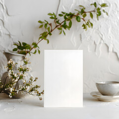 Blank card standing on table with spring flowers, teacup, and rustic decor, perfect for wedding invitations, greeting cards, or cozy stationery mockups.
