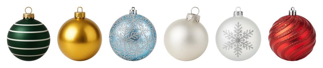 Christmas ornament set including green, golden, blue, pearl, white, and red baubles isolated. Festive holiday decoration collection.